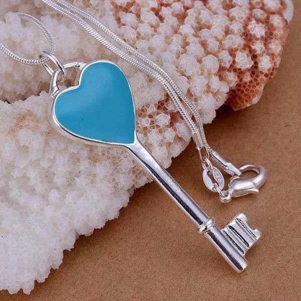 925 SS Blue Heart Key Necklace
